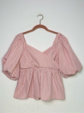 Linden Street Studio Womens Puff Sleeve Top, Pink Gingham Check Checkered M